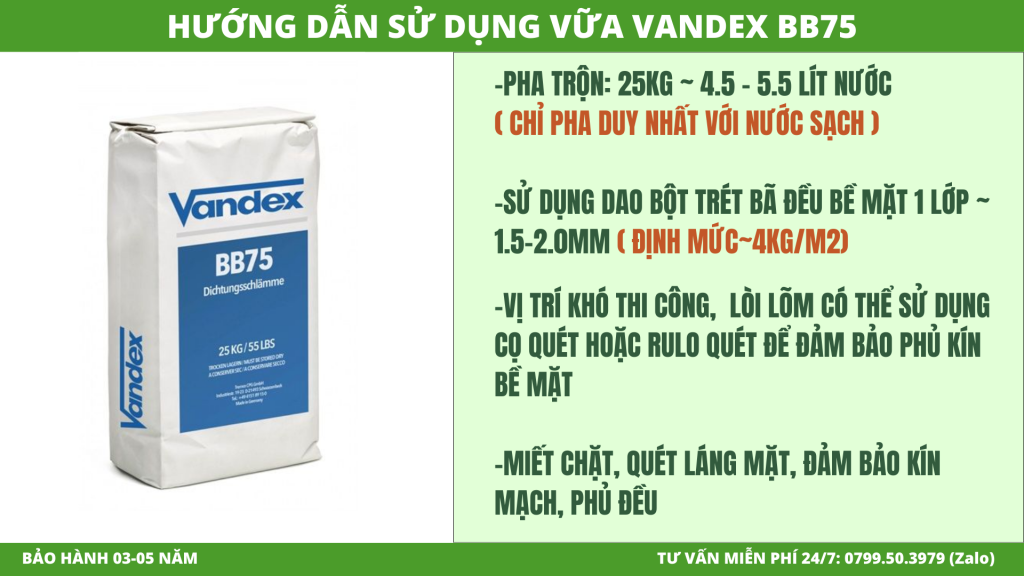 hướng dẫn thi công vữa chống thấm vandex bb75