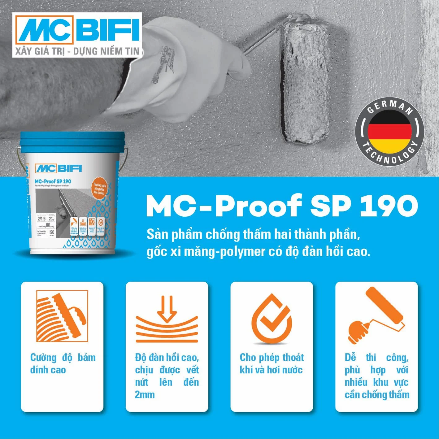 Sản phẩm chống thấm MC-Proof SP 190 MC BIFI - Chống thấm hai thành phần, gốc xi măng-polymer, công nghệ Đức