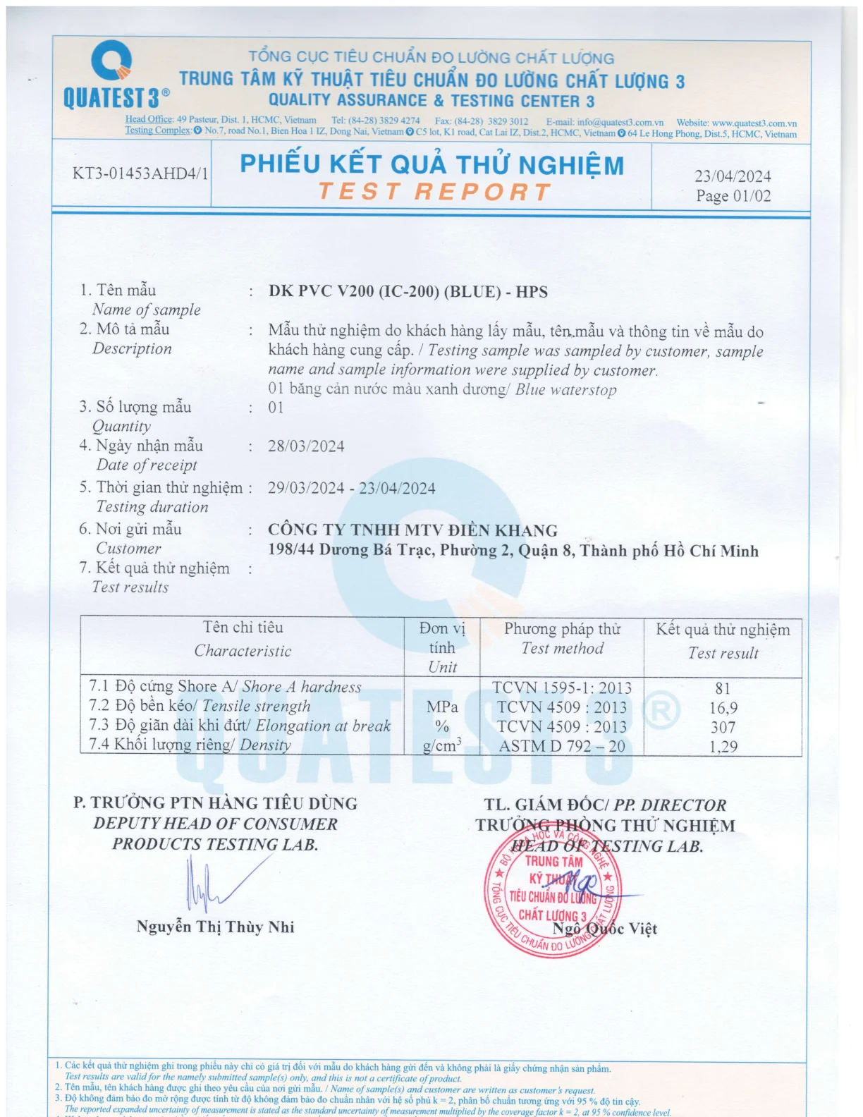 THÔNG SỐ KĨ THUẬT BĂNG CẢN NƯỚC