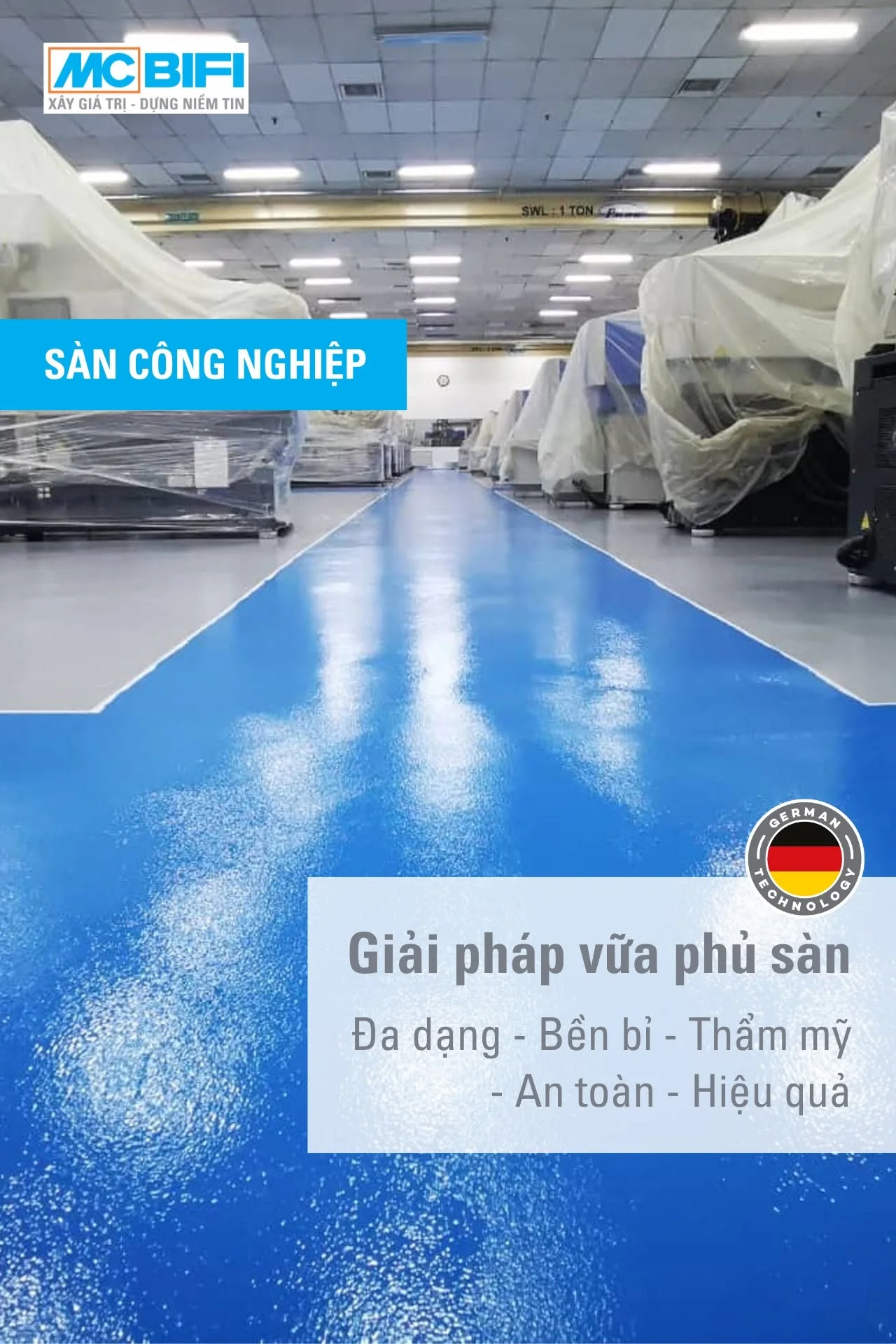 Sàn công nghiệp MC BIFI màu xanh dương, giải pháp vữa phủ bền bỉ, thẩm mỹ, an toàn, hiệu quả.