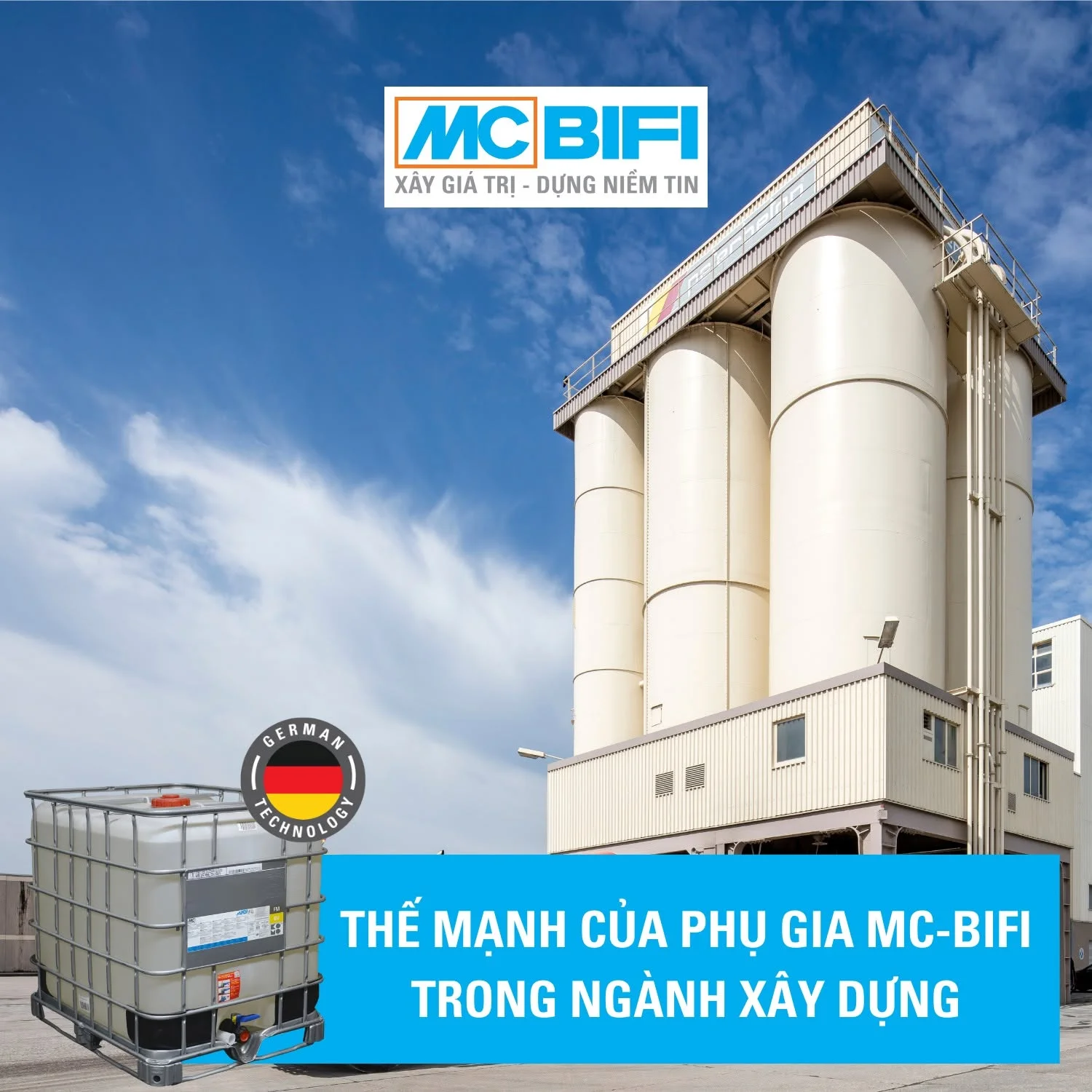Phụ gia MC-BIFI công nghệ Đức cho ngành xây dựng, với hình ảnh nhà máy và IBC tank