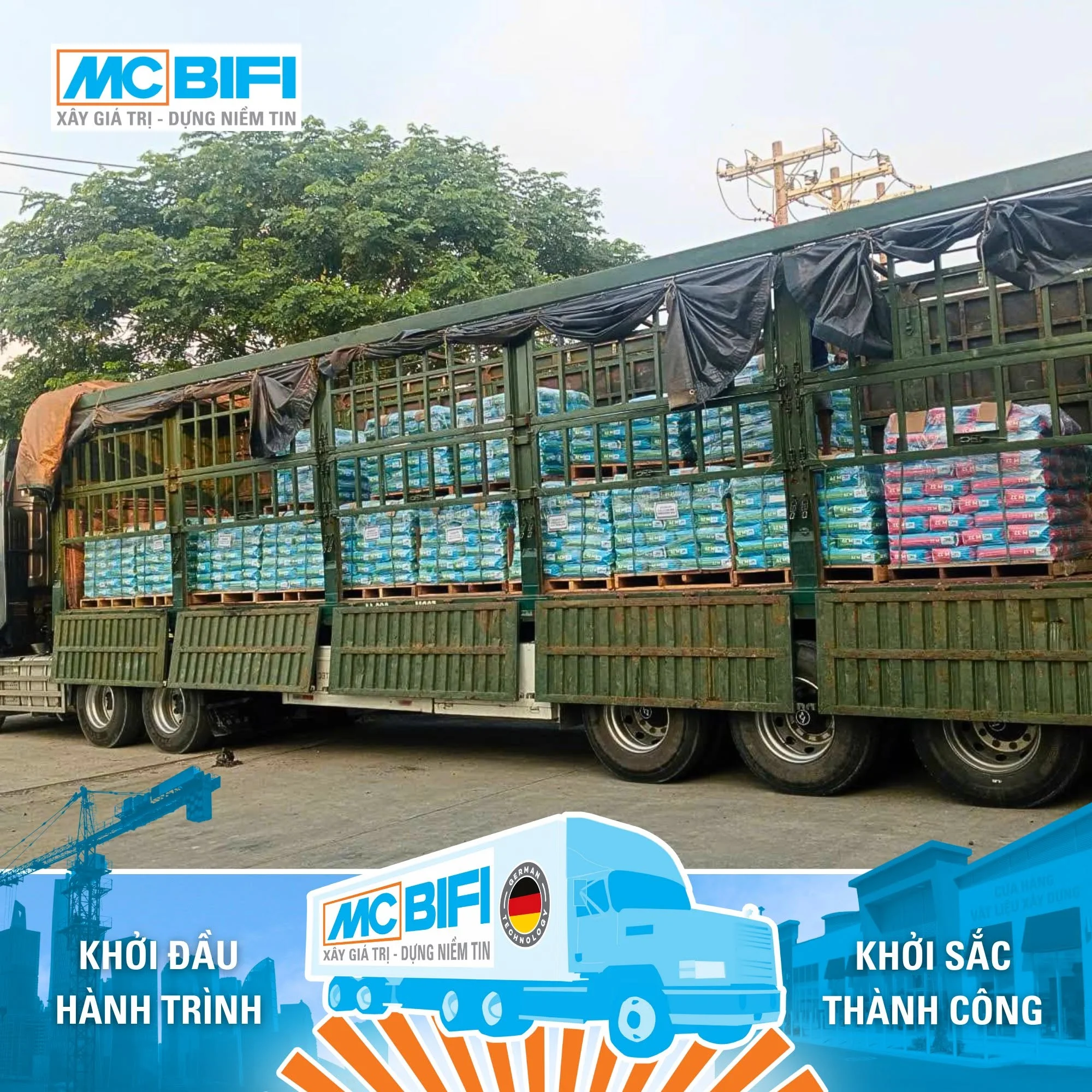 Xe tải MC BIFI chở keo dán gạch, sẵn sàng phân phối.