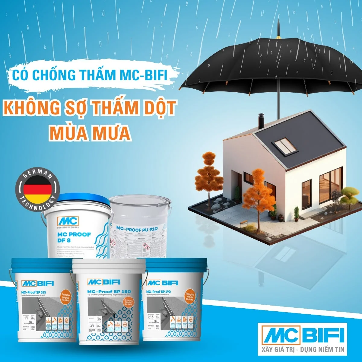 Sản phẩm chống thấm MC-BIFI bảo vệ ngôi nhà khỏi dột mùa mưa, công nghệ Đức.