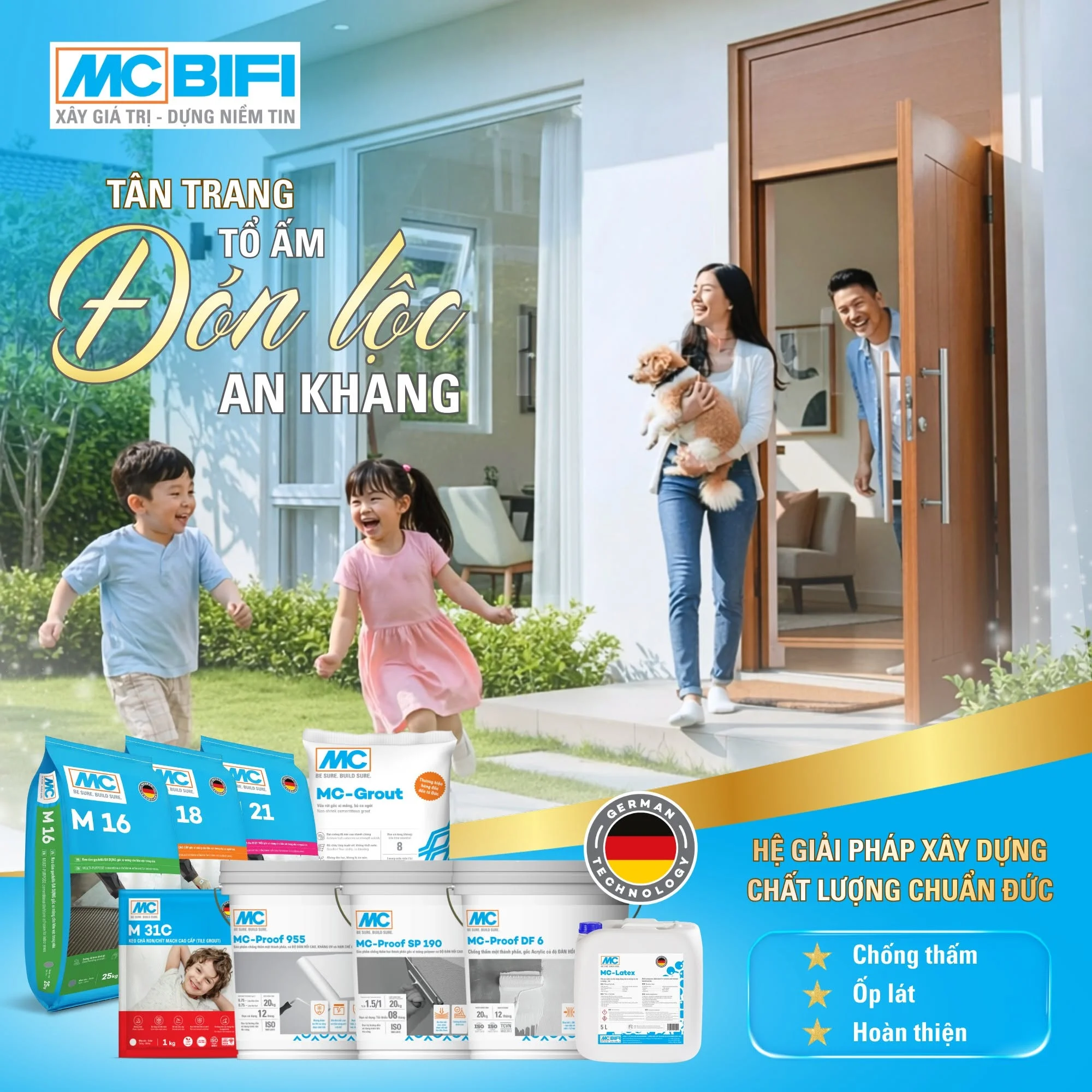 Quảng cáo MC Bifi: Giải pháp chống thấm, ốp lát, hoàn thiện chất lượng chuẩn Đức cho tổ ấm.