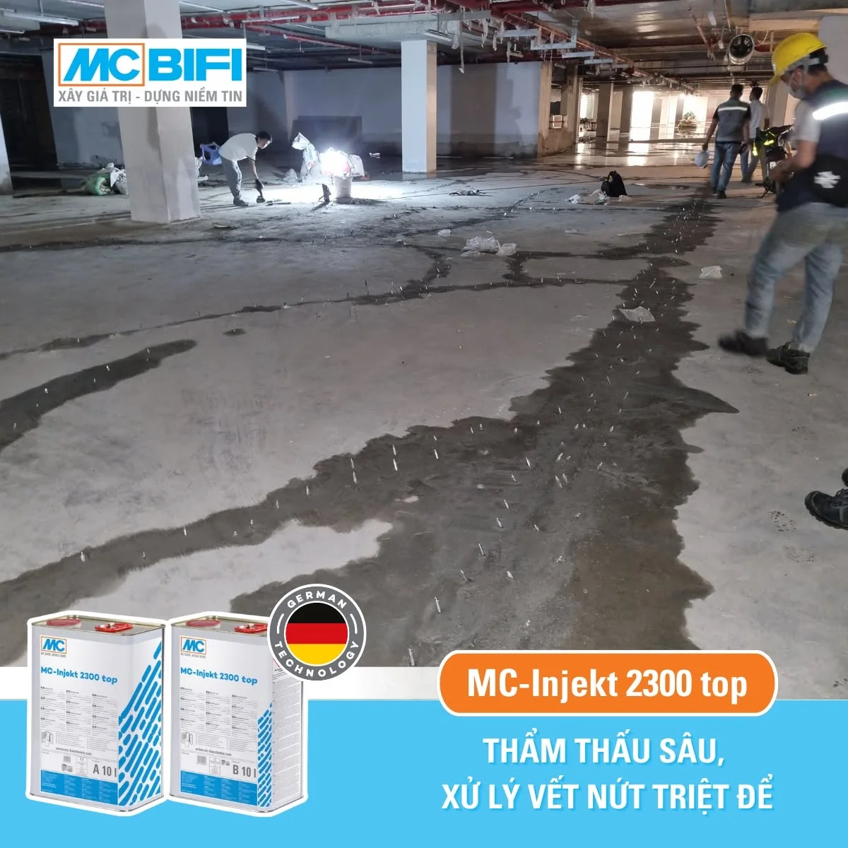 Thi công bơm hóa chất MC-Injekt 2300 top xử lý thấm nứt sàn bê tông tầng hầm